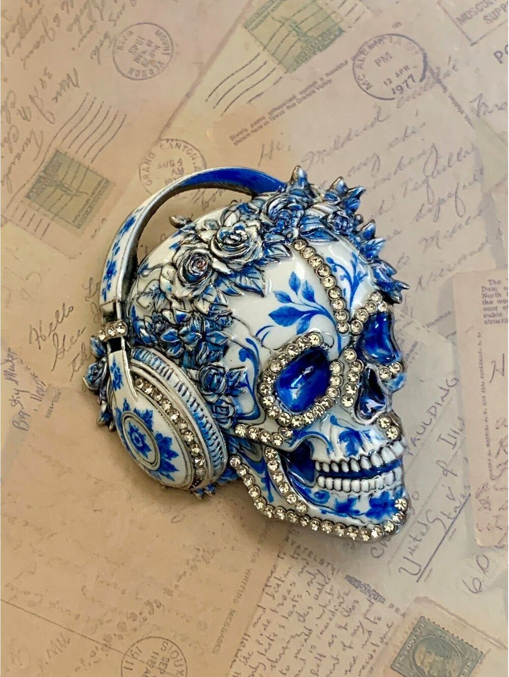 Blue and White Skull Brooch Rhinestone Gothic Pin